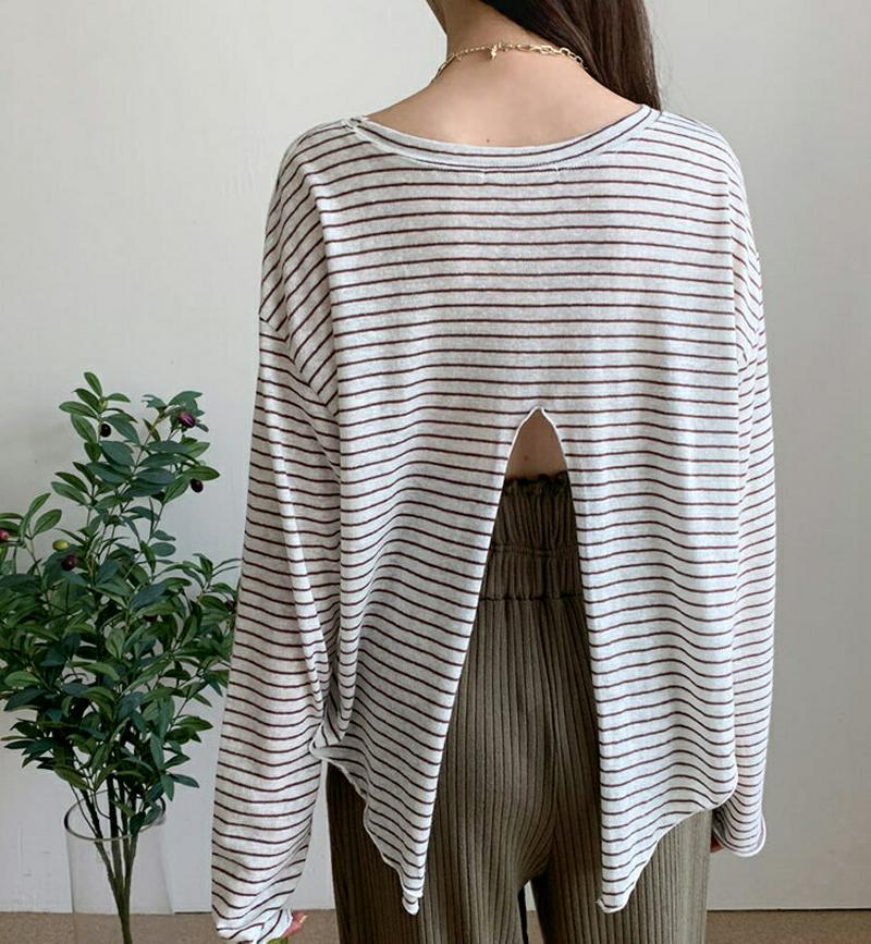 【新作10%OFF】バックスリットボーダーTシャツ・全3色・t47843 レディース【tops】【韓国 ファッション トップス 