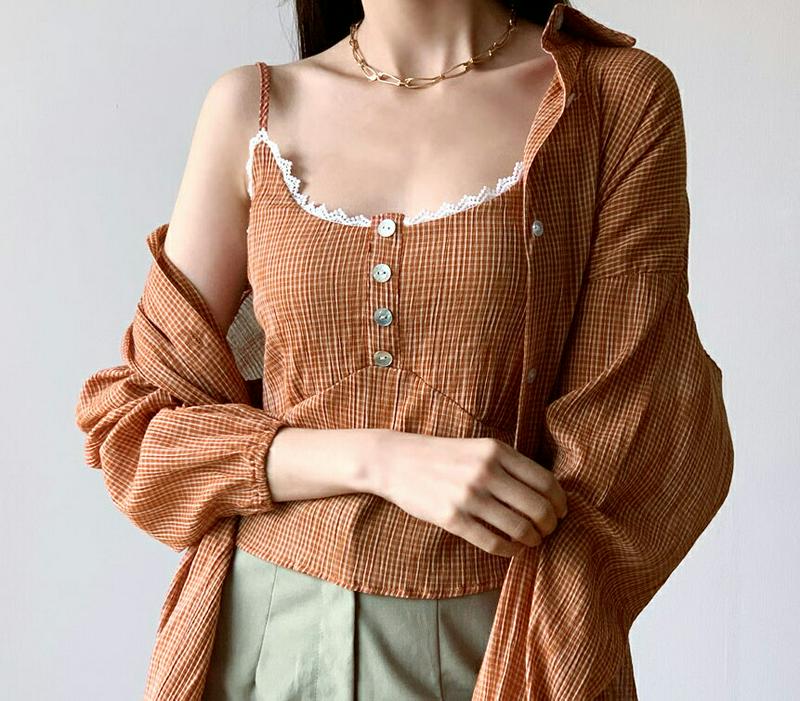 【新作10%OFF】チェックスリーブレス&シャツSET・全3色・t47804 レディース【bl】【韓国 ファッション トップス 