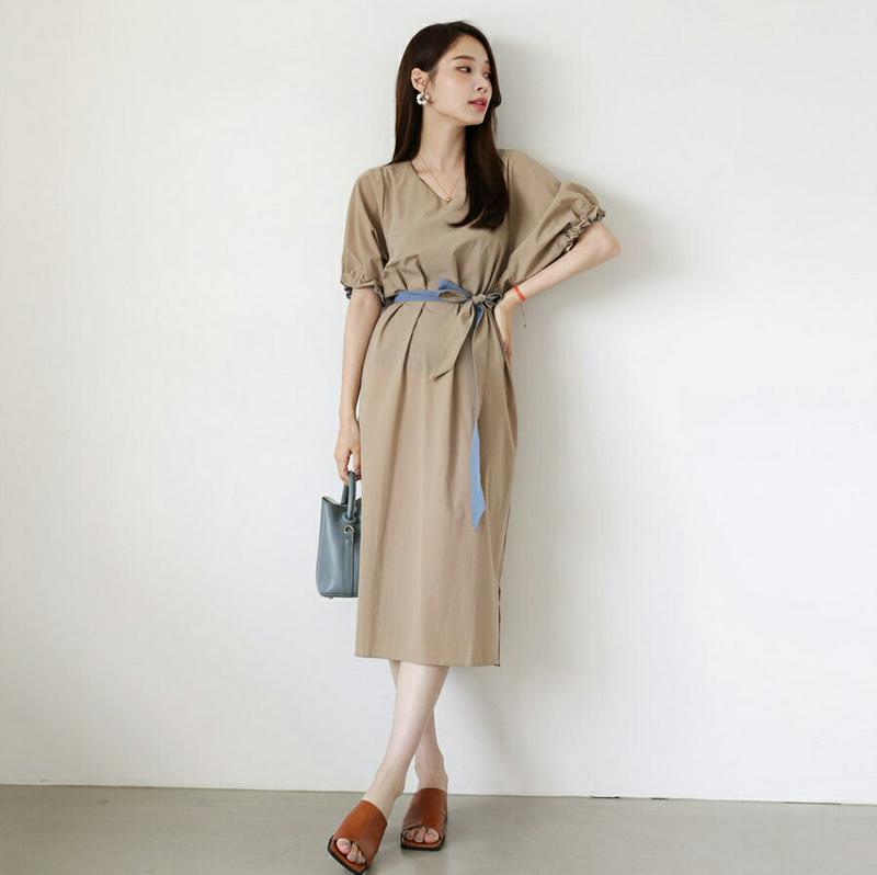 【新作10%OFF】配色ストラップ付ゴムスリーブワンピース・全3色・b63391 レディース【ops】【韓国 ファッション ワン