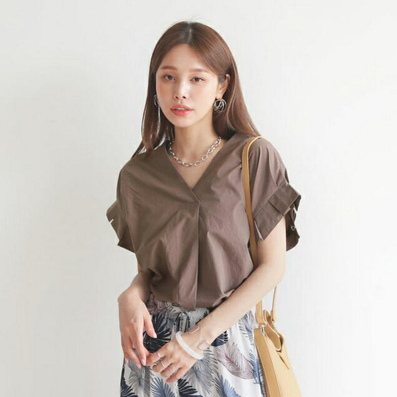 【新作10%OFF】Vネックタックスリーブブラウス・全3色・t63326 レディース【bl】【韓国 ファッション トップス ブラ