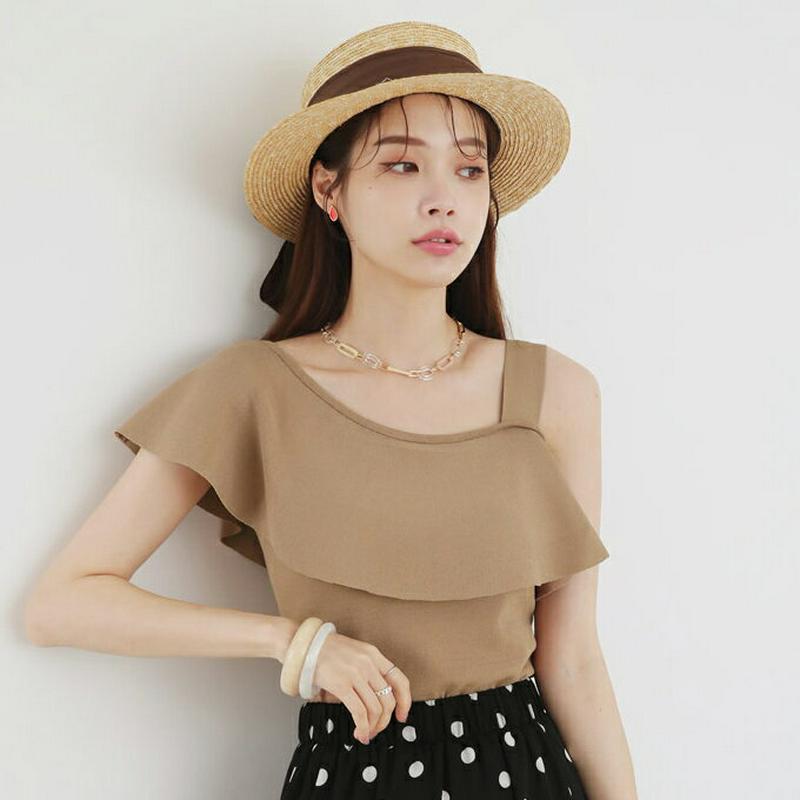 【新作10%OFF】アシメショルダーラッフルニット・全5色・b63333 レディース【tops】【韓国 ファッション トップス 
