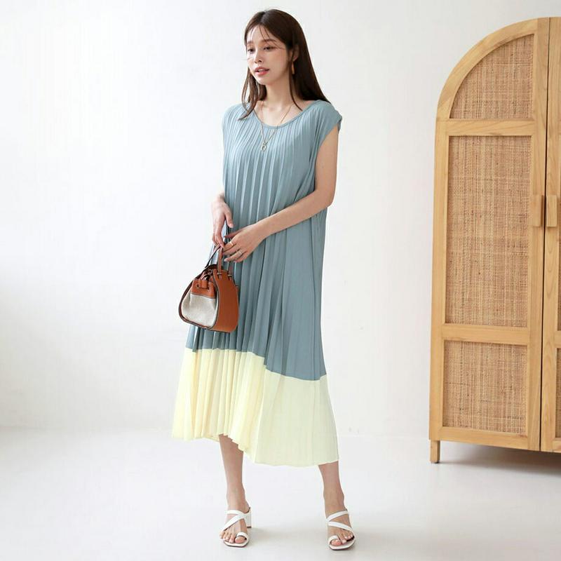 プリーツ配色ワンピース・全3色・b63267 レディース【ops】【韓国 ファッション ワンピース ロング ロングワンピース プ