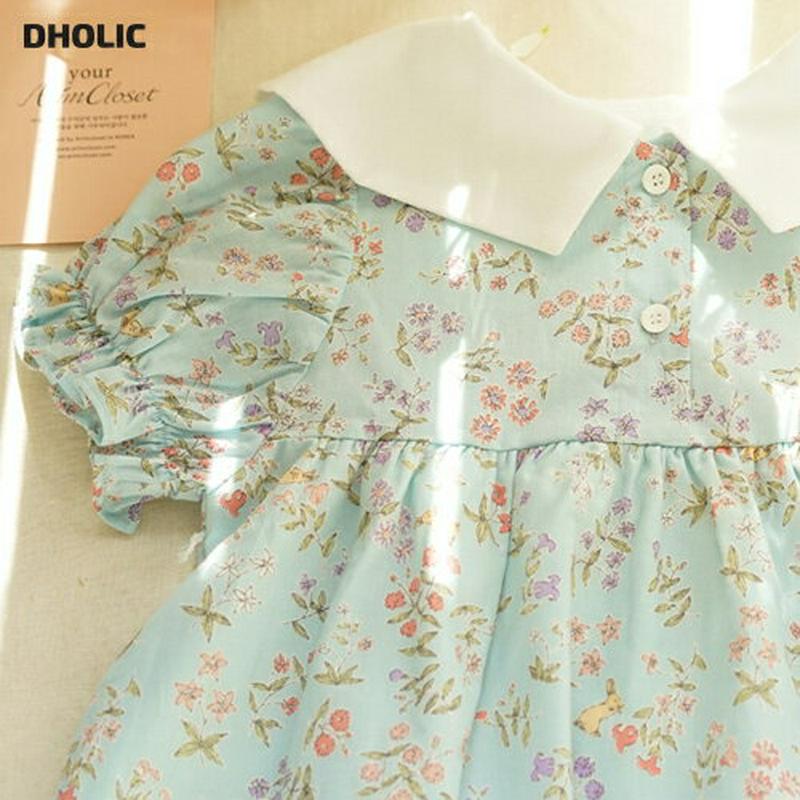 配色カラー花柄ワンピース・p004589 キッズ【0~2才】【ops】【ワンピース ロングワンピース 半袖 パフスリーブ 配色 花柄 かわいい 女の子 韓国 韓国子供服 子供 こども 子供服 こども服】【KIDS】