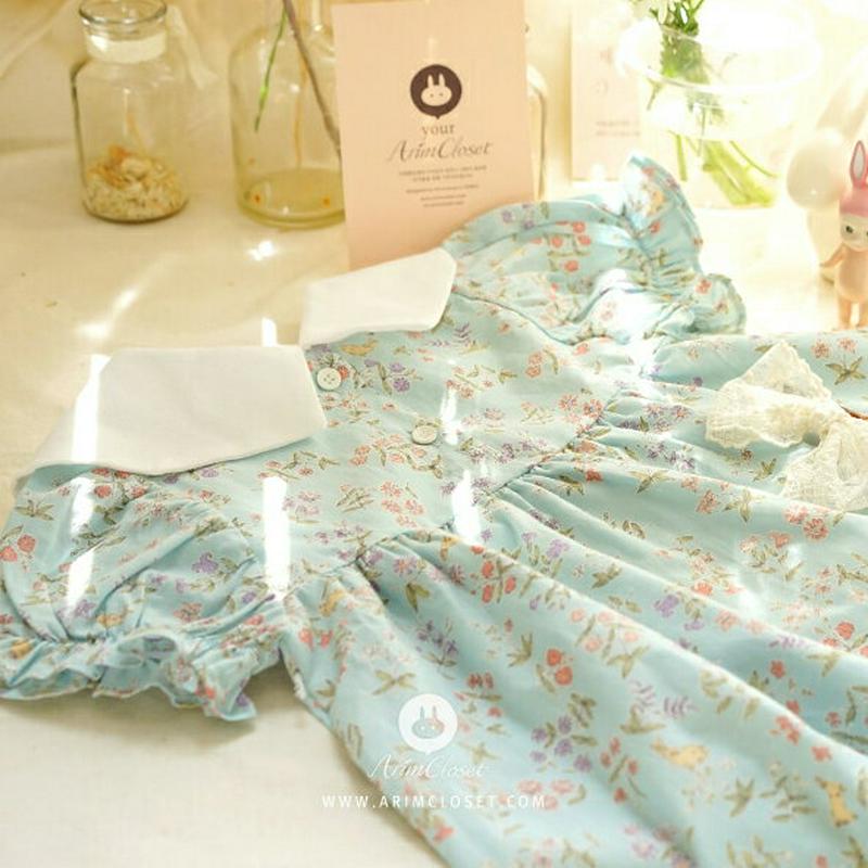 配色カラー花柄ワンピース・p004589 キッズ【0~2才】【ops】【ワンピース ロングワンピース 半袖 パフスリーブ 配色 花柄 かわいい 女の子 韓国 韓国子供服 子供 こども 子供服 こども服】【KIDS】