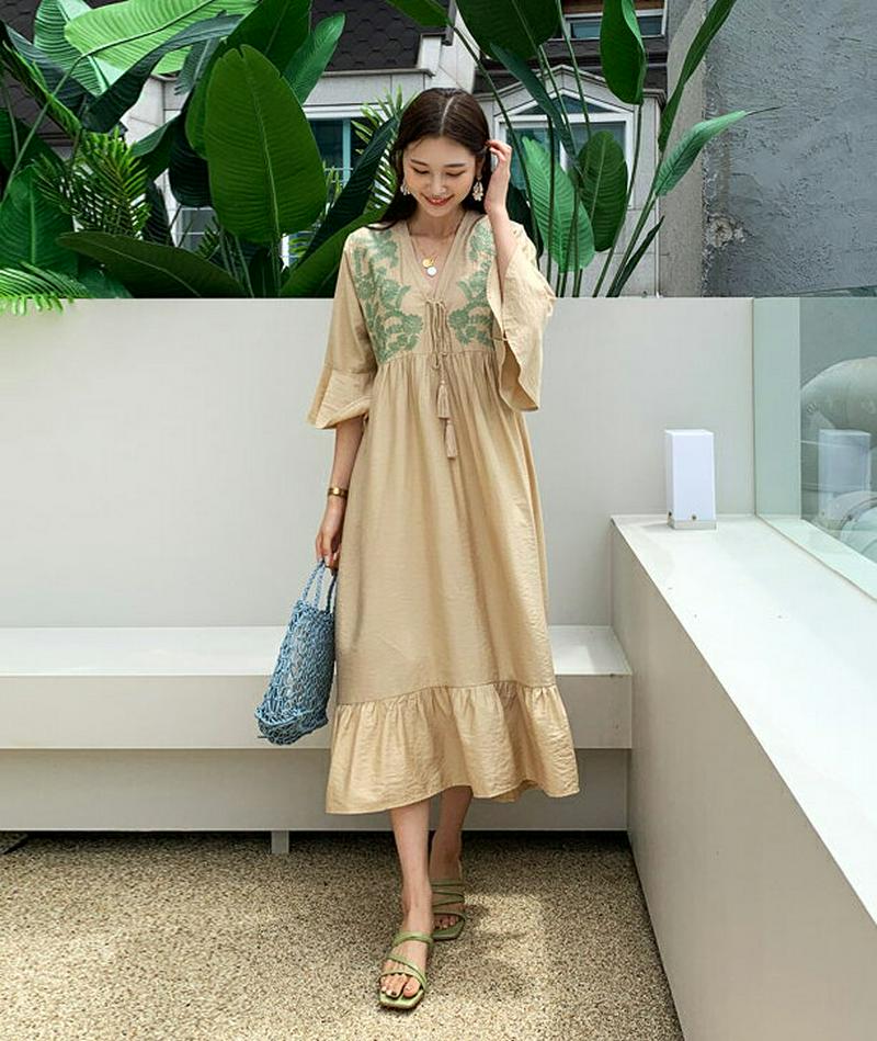 刺繍タッセルストラップワンピース・全2色・b60482 レディース【ops】【韓国 ファッション ワンピース ロング丈 ロングワ