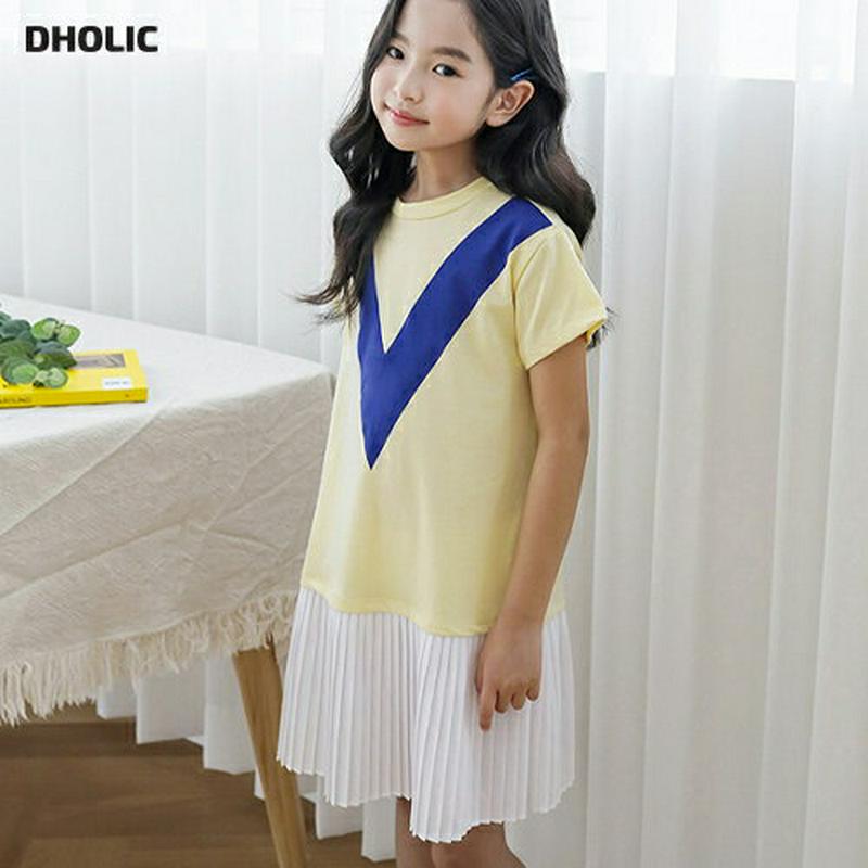 配色Vラインプリーツヘムワンピース p003577・キッズ 【3~8才】【ops】【韓国 ファッション ワンピース ミディワンピ