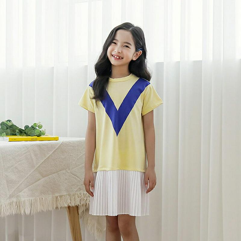 配色Vラインプリーツヘムワンピース p003577・キッズ 【3~8才】【ops】【韓国 ファッション ワンピース ミディワンピ