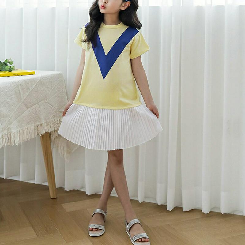 配色Vラインプリーツヘムワンピース p003577・キッズ 【3~8才】【ops】【韓国 ファッション ワンピース ミディワンピ