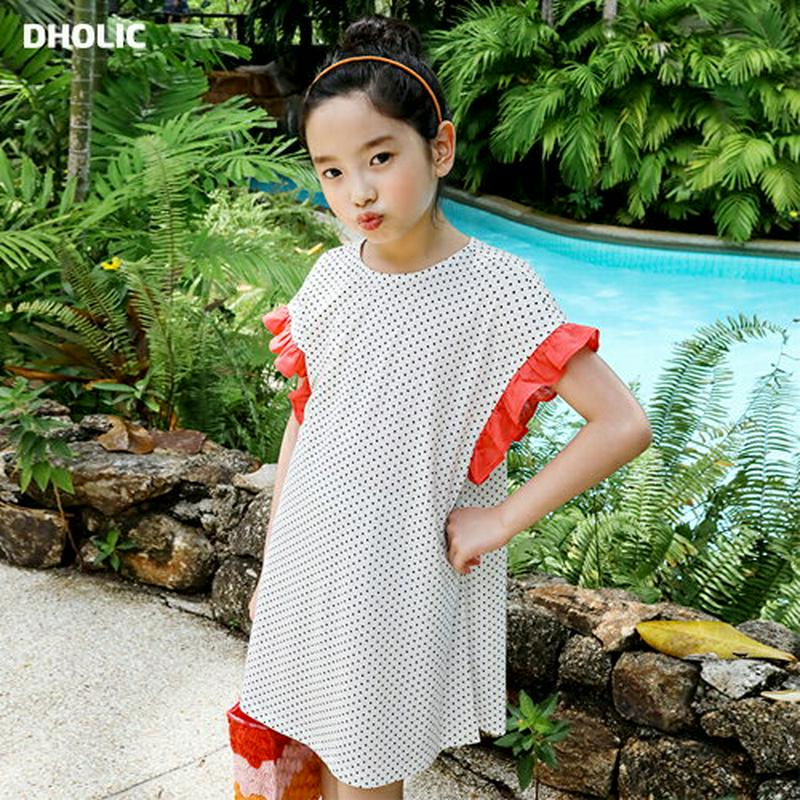 配色フリルドットワンピース p003593・キッズ 【3~8才】【ops】【韓国 ファッション ワンピース ミディ 膝丈 ショー