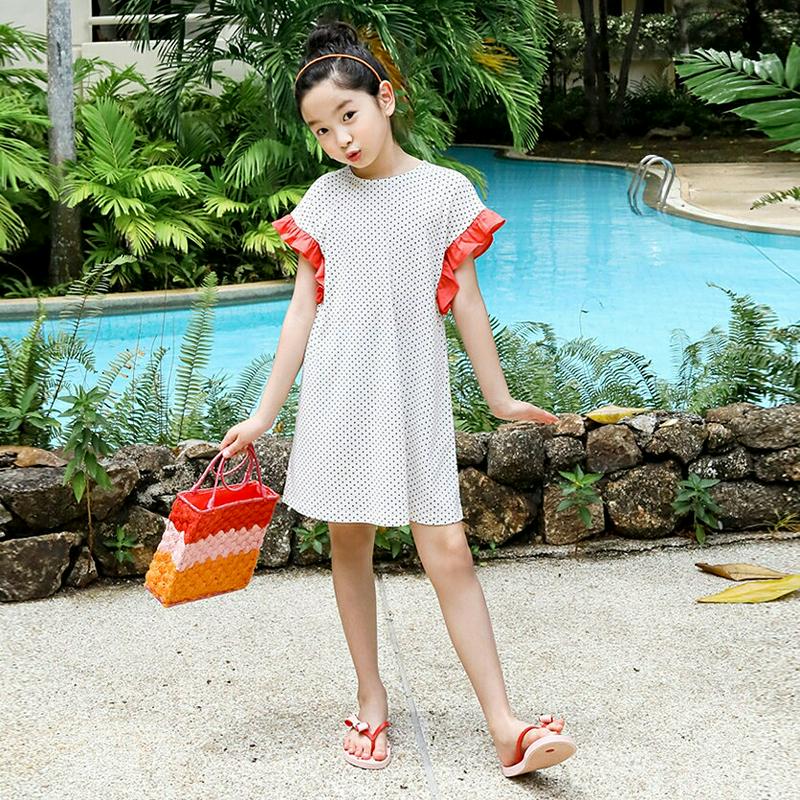 配色フリルドットワンピース p003593・キッズ 【3~8才】【ops】【韓国 ファッション ワンピース ミディ 膝丈 ショー