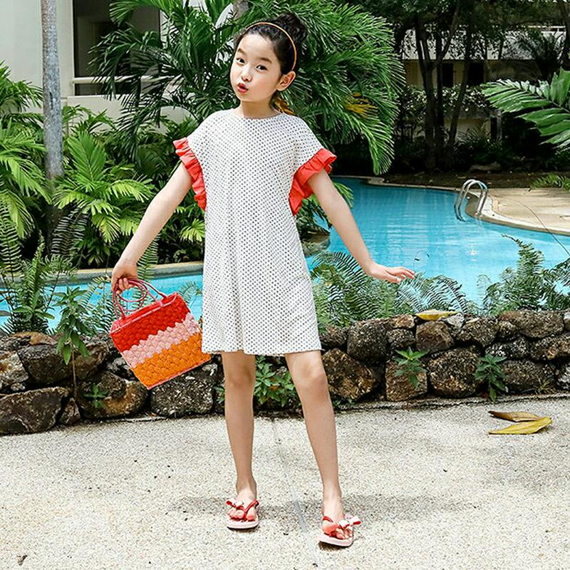 配色フリルドットワンピース p003593・キッズ 【3~8才】【ops】【韓国 ファッション ワンピース ミディ 膝丈 ショー