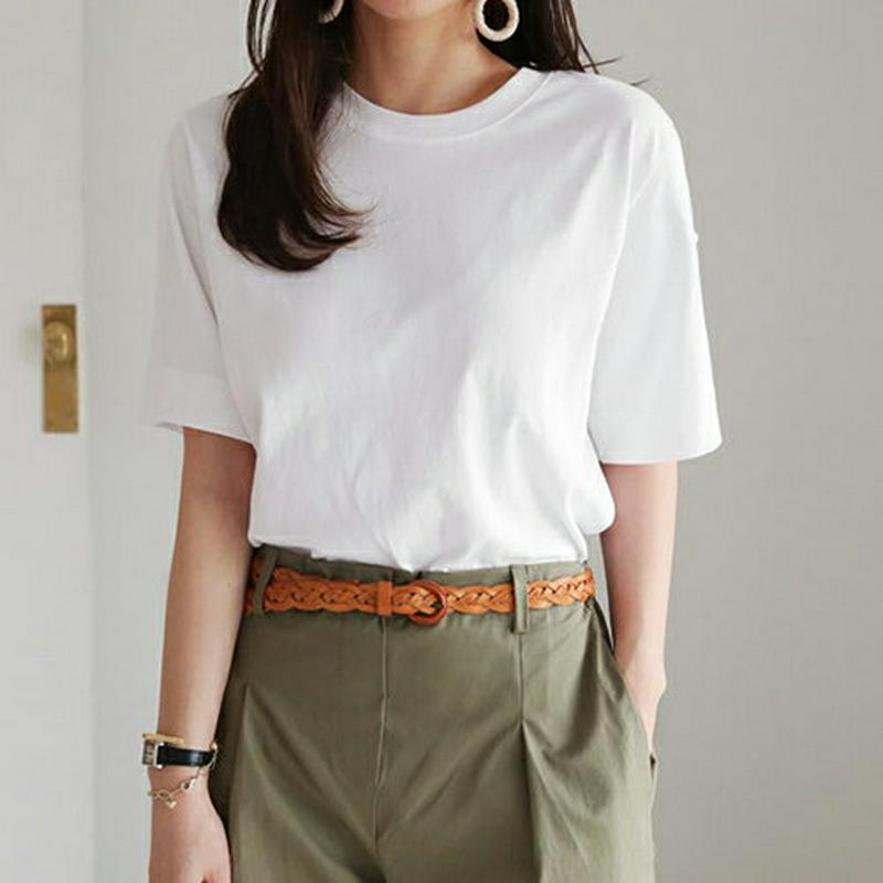 パールスリットスリーブTシャツ・全2色・b62879 レディース【tops】 韓国ファッション トップス Tシャツ 半袖 ハーフスリーブ スリット 単色 無地 シンプル カジュアル パールボタン 春 夏 ハイホリHIHOLLI