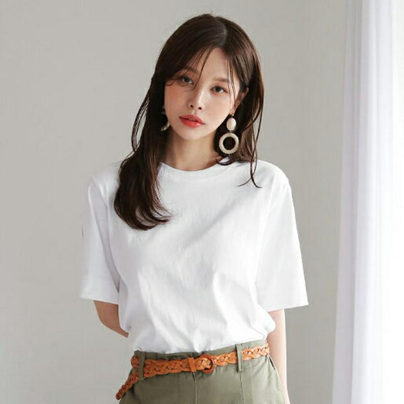 パールスリットスリーブTシャツ・全2色・b62879 レディース【tops】 韓国ファッション トップス Tシャツ 半袖 ハーフスリーブ スリット 単色 無地 シンプル カジュアル パールボタン 春 夏 ハイホリHIHOLLI