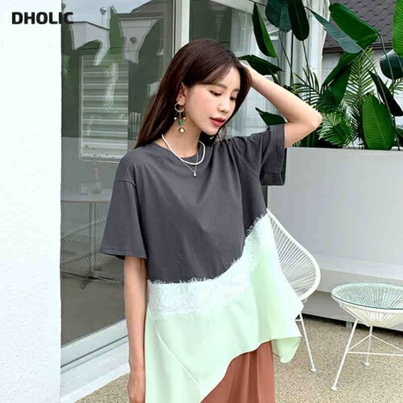 レース配色フレアTシャツ・全2色・b60448 レディース【tops】【韓国 ファッション トップス Tシャツ 半袖 ハーフスリ
