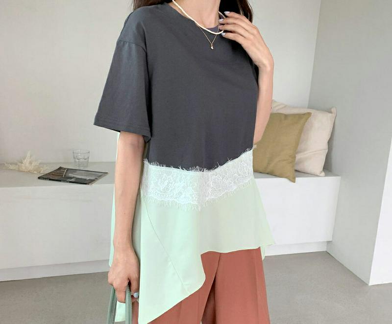 レース配色フレアTシャツ・全2色・b60448 レディース【tops】【韓国 ファッション トップス Tシャツ 半袖 ハーフスリ