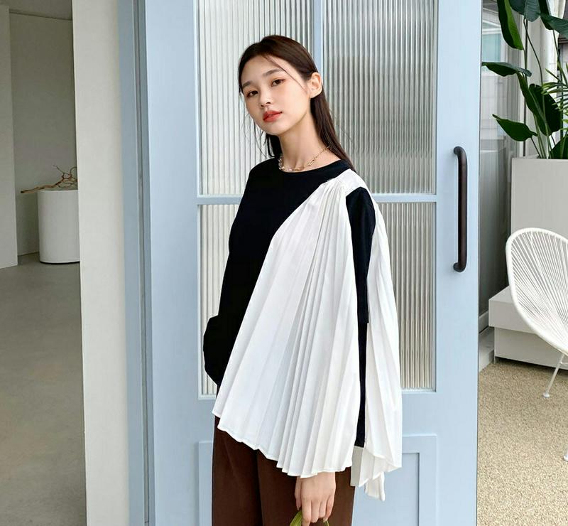 プリーツポイントTシャツ・全2色・t60444 レディース【tops】【韓国 ファッション トップス Tシャツ 半袖 ハーフスリ
