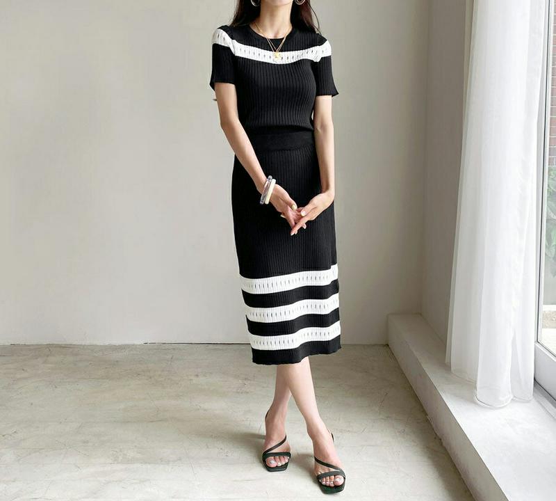 パンチング配色ニット&スカートSET・全1色・b55947 レディース【ops】【韓国 ファッション セットアップ setup 
