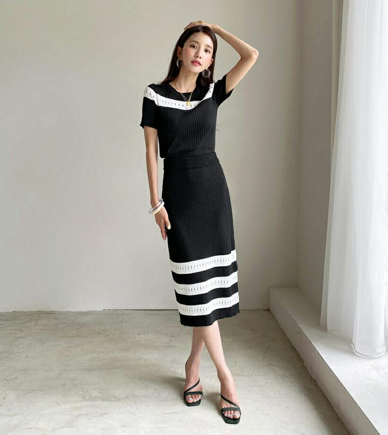 パンチング配色ニット&スカートSET・全1色・b55947 レディース【ops】【韓国 ファッション セットアップ setup 