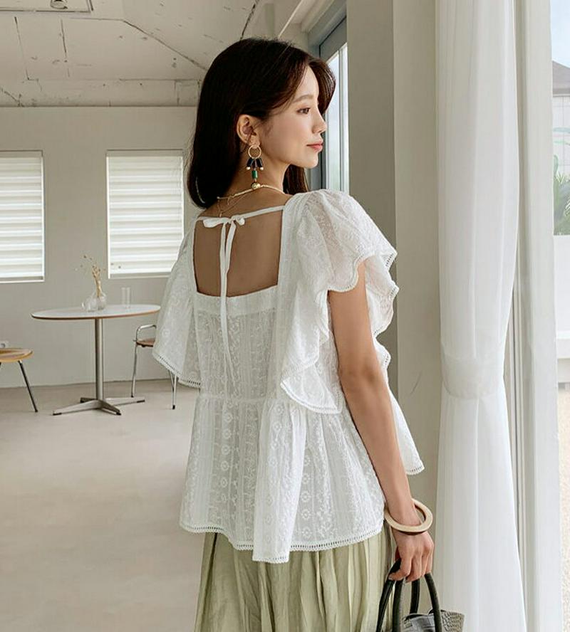 刺繍スクエアフレアブラウス・全1色・b60454 レディース【bl】【韓国 ファッション トップス ブラウス ショートスリーブ 