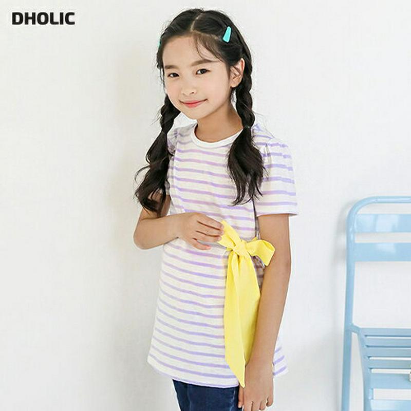 配色リボンボーダーTシャツ p003600・キッズ 【3~8才】【tops】【韓国 ファッション トップス Tシャツ カットソー