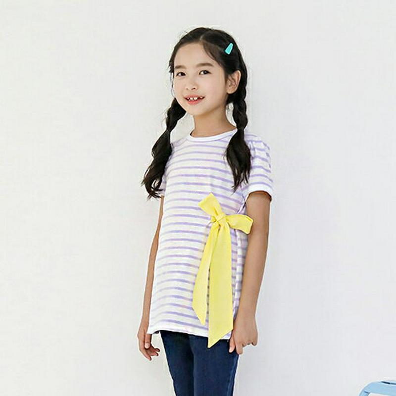 配色リボンボーダーTシャツ p003600・キッズ 【3~8才】【tops】【韓国 ファッション トップス Tシャツ カットソー