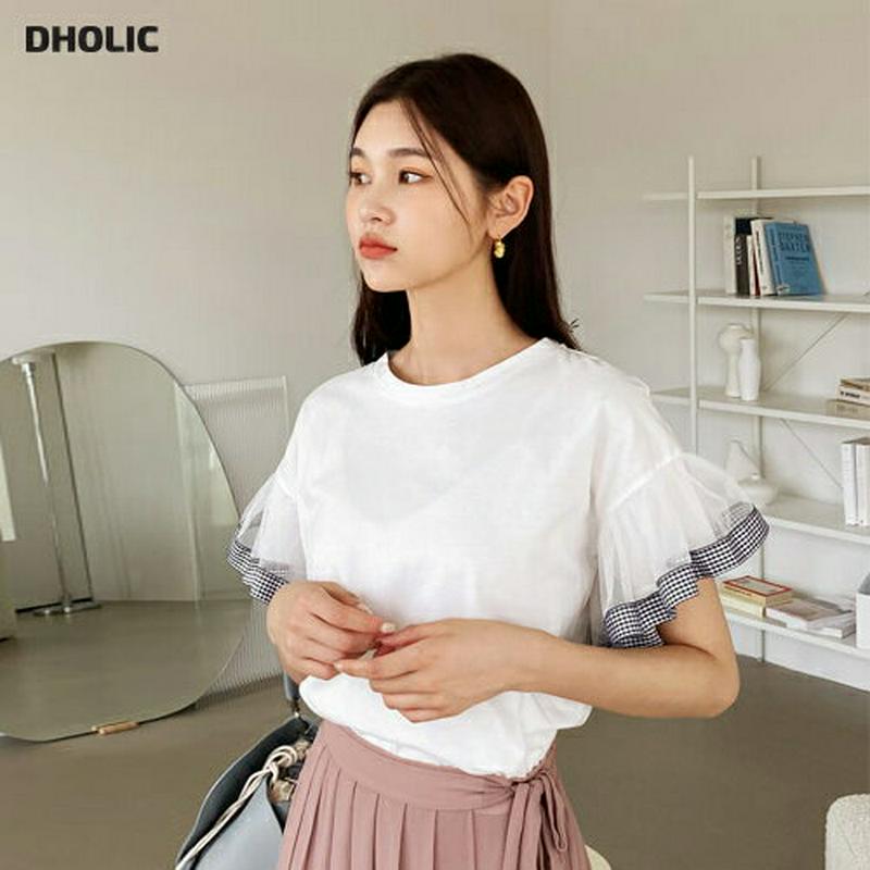 シアーチェックスリーブTシャツ・全3色・b60445 レディース【tops】【韓国 ファッション トップス Tシャツ 半袖 ハー