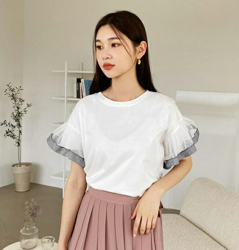 シアーチェックスリーブTシャツ・全3色・b60445 レディース【tops】【韓国 ファッション トップス Tシャツ 半袖 ハー