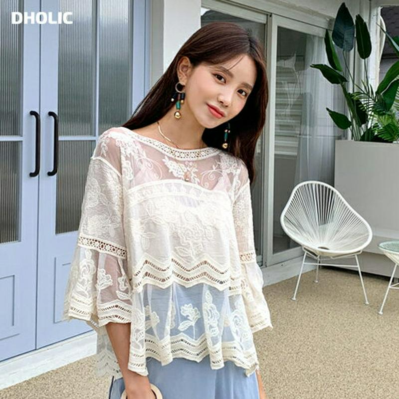 フラワー刺繍ブラウス・全2色・b60463 レディース【bl】【韓国 ファッション トップス ブラウス 七分丈 七分袖 レース 