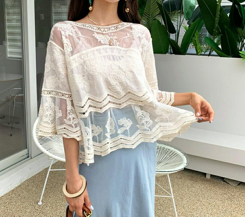 フラワー刺繍ブラウス・全2色・b60463 レディース【bl】【韓国 ファッション トップス ブラウス 七分丈 七分袖 レース 