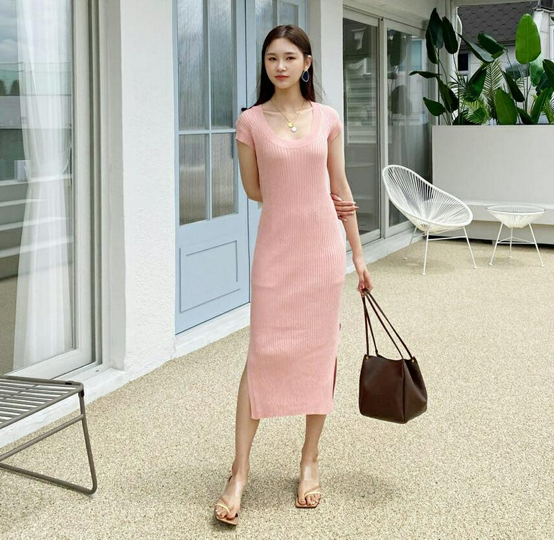 Uネックリブワンピース・全4色・t60459 レディース【ops】【韓国 ファッション ワンピース ロングワンピース フレンチス