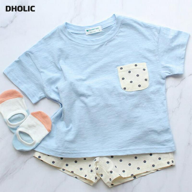 【新作10%OFF】ドット柄ポケットTシャツ&パンツSET(ブルー)・p004660 キッズ【3~8才】【set】【セットアップ