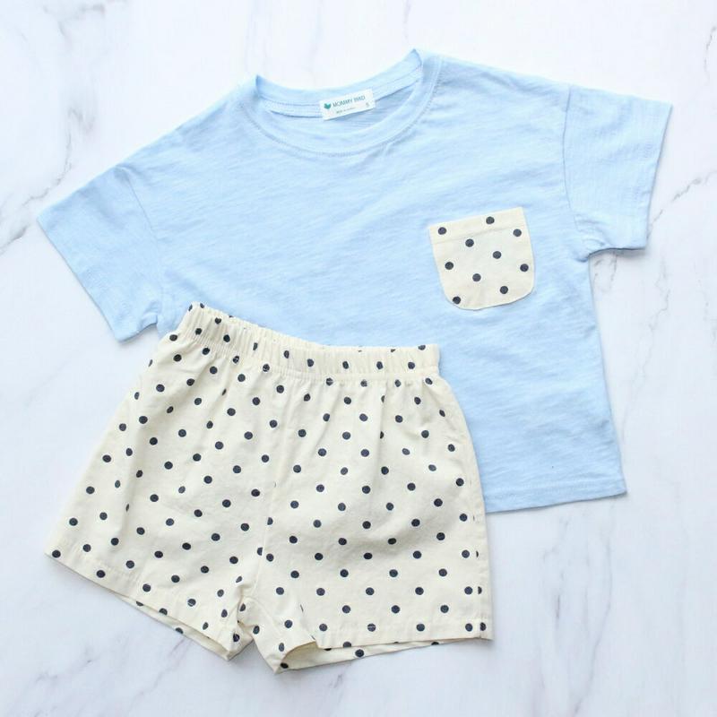【新作10%OFF】ドット柄ポケットTシャツ&パンツSET(ブルー)・p004660 キッズ【3~8才】【set】【セットアップ