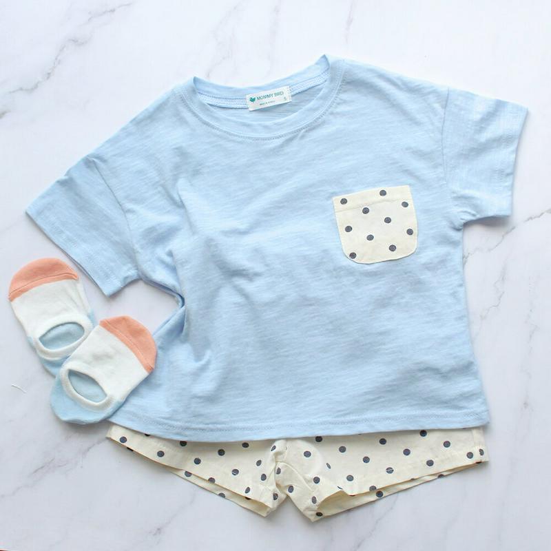 【新作10%OFF】ドット柄ポケットTシャツ&パンツSET(ブルー)・p004660 キッズ【3~8才】【set】【セットアップ