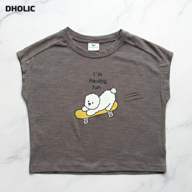 DOGプリントTシャツ(チャコール)・p004658 キッズ【3~8才】【tops】【トップス Tシャツ ロゴT キャラクター 犬 いぬ 動物 カジュアル かわいい 女の子 男の子 ラフ 夏 韓国 韓国子供服 子供 こども 子供服 こども服】【KIDS】