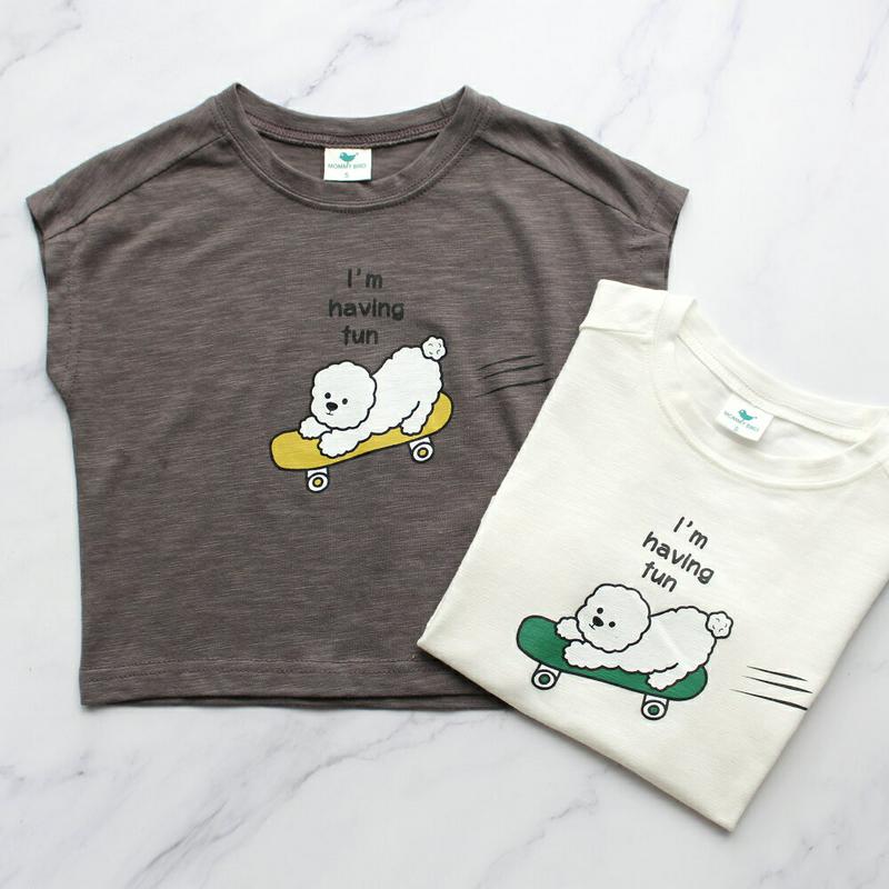 DOGプリントTシャツ(チャコール)・p004658 キッズ【3~8才】【tops】【トップス Tシャツ ロゴT キャラクター 犬 いぬ 動物 カジュアル かわいい 女の子 男の子 ラフ 夏 韓国 韓国子供服 子供 こども 子供服 こども服】【KIDS】