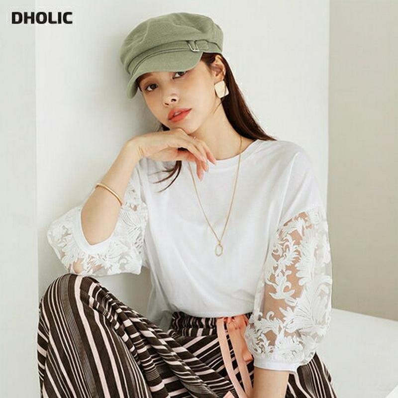 【新作10%OFF】シアー刺繍スリーブTシャツ・全4色・b63422 レディース【tops】【韓国 ファッション トップス Tシ