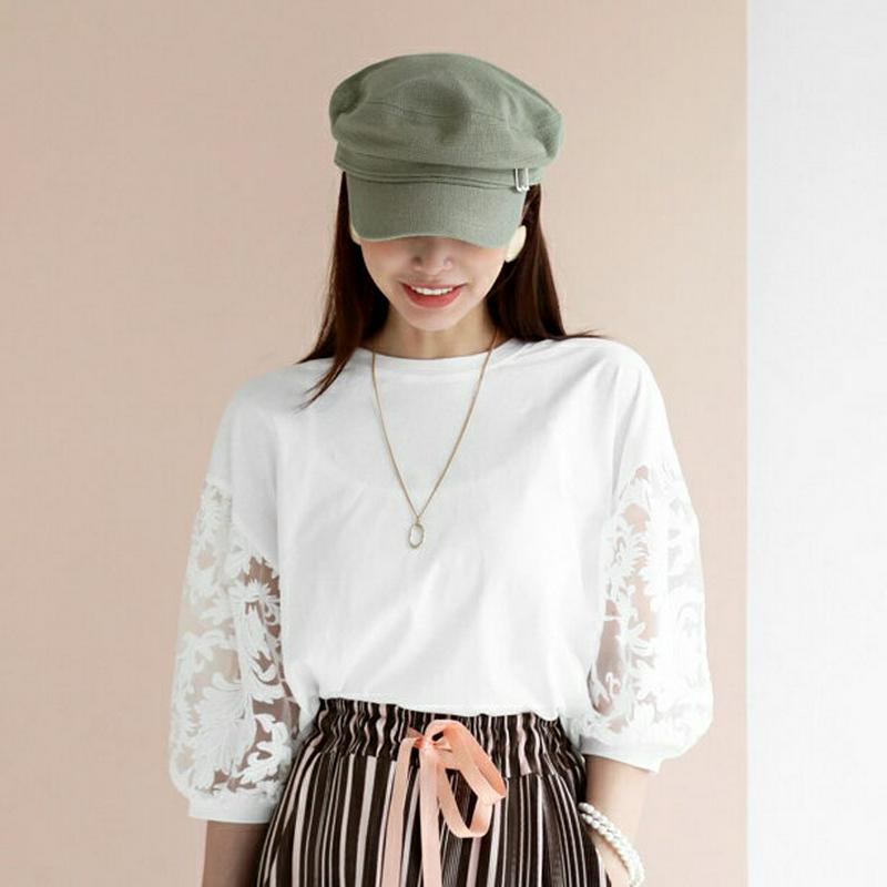 【新作10%OFF】シアー刺繍スリーブTシャツ・全4色・b63422 レディース【tops】【韓国 ファッション トップス Tシ