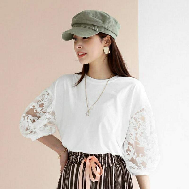 【新作10%OFF】シアー刺繍スリーブTシャツ・全4色・b63422 レディース【tops】【韓国 ファッション トップス Tシ