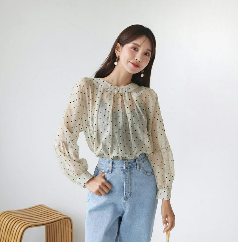 ハートドットシアーブラウス・全2色・e47847 レディース【bl】【韓国 ファッション トップス ブラウス ロングスリーブ 長袖 ハート ドット ラウンドネック シースルー シアー 透け感 かわいい シンプル 大人 夏】