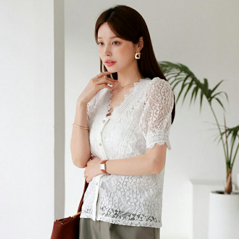 【新作10%OFF】Vネックレースボタンブラウス・全2色・b63424 レディース【bl】【韓国 ファッション トップス ブラウ