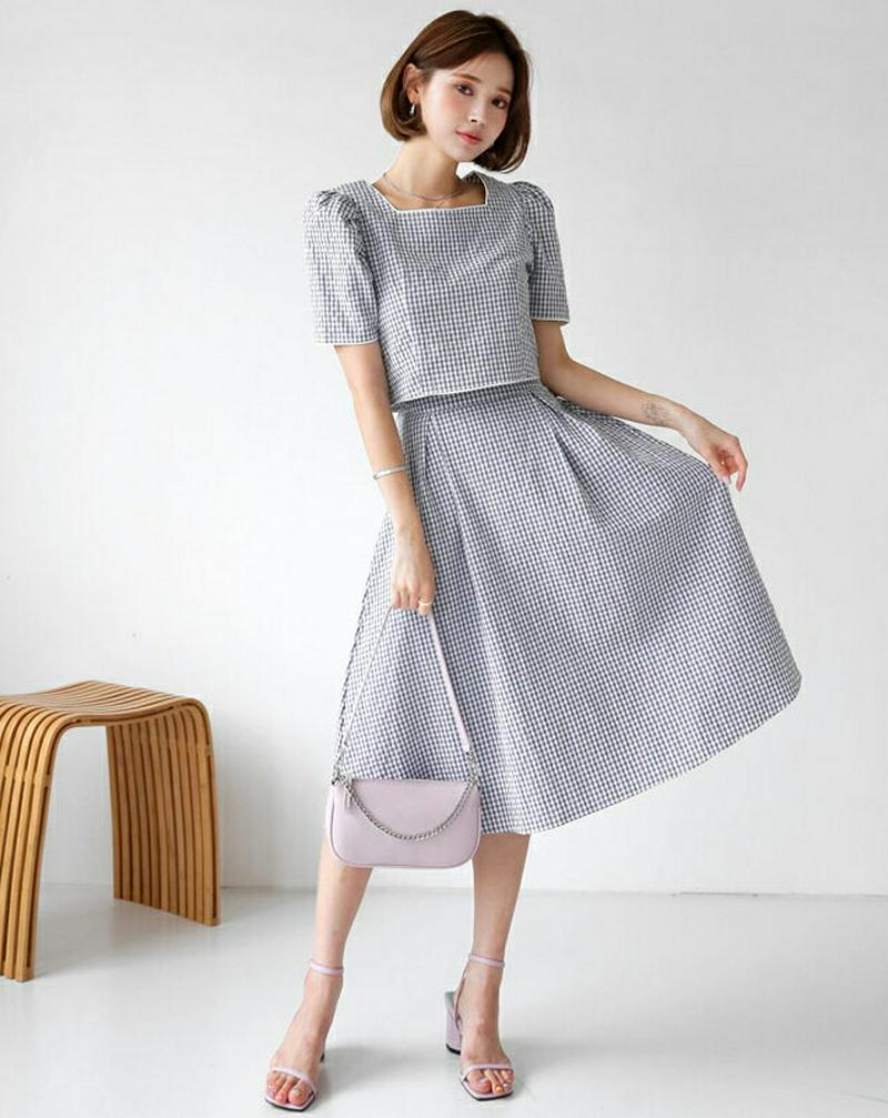 【新作10%OFF】スクエアチェックブラウス&スカートSET・全2色・b47868 レディース【ops】【韓国 ファッション セ