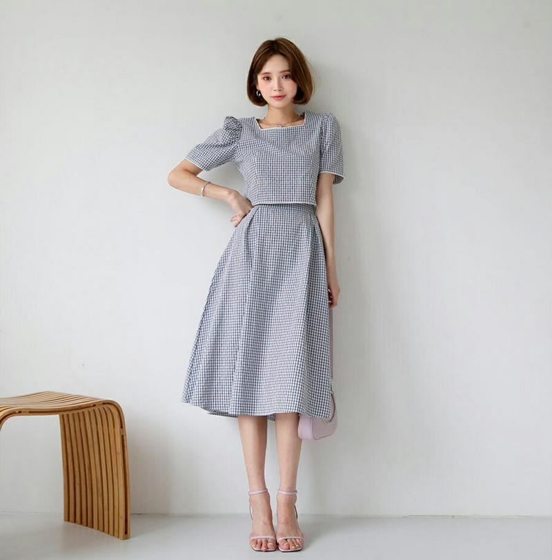 【新作10%OFF】スクエアチェックブラウス&スカートSET・全2色・b47868 レディース【ops】【韓国 ファッション セ