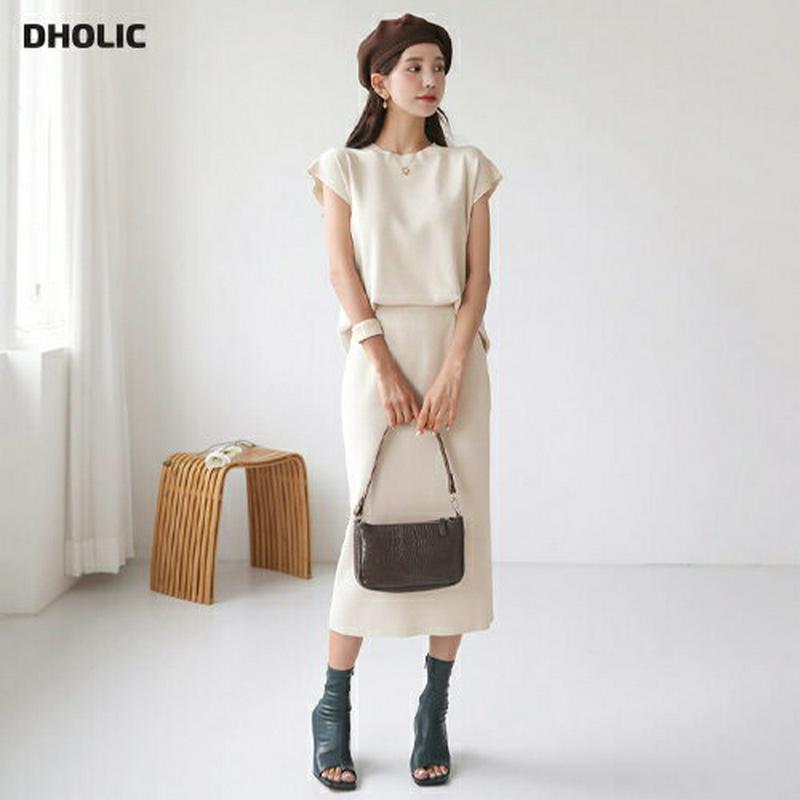 ≪人気商品再入荷≫フレンチスリーブニット&タイトスカートSET・全3色・b47869 レディース【ops】 韓国ファッション セットアップ ニット フレンチスリーブ Hライン スカート 二の腕カバー ベージュ ロングスカート サマーニット ウエストゴム 夏