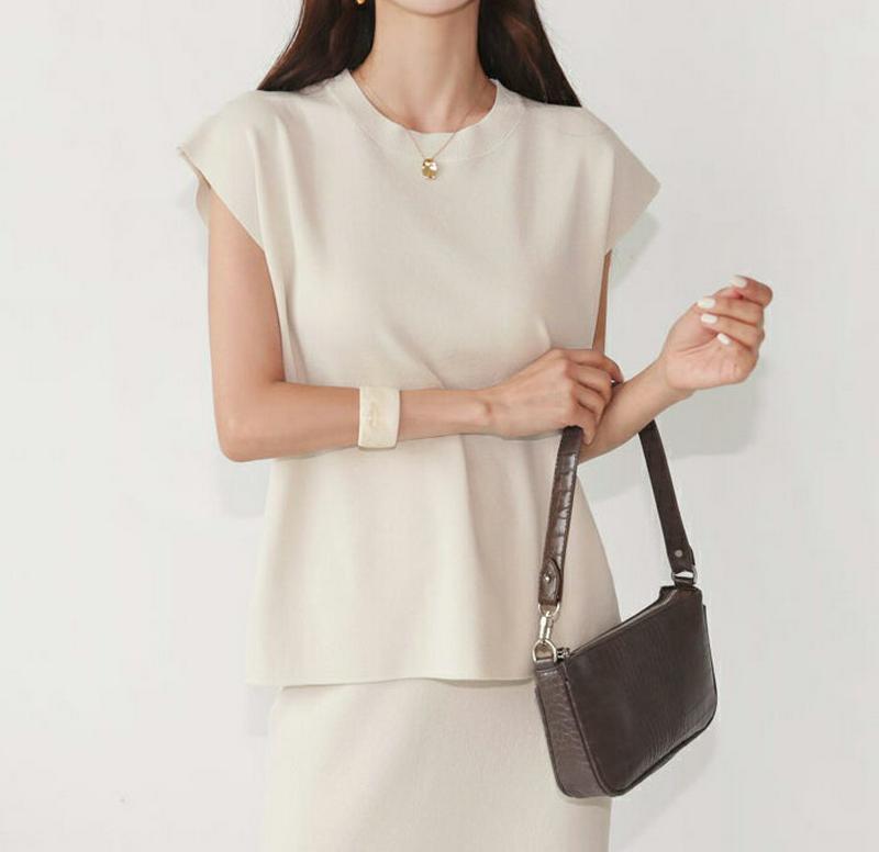 ≪人気商品再入荷≫フレンチスリーブニット&タイトスカートSET・全3色・b47869 レディース【ops】 韓国ファッション セットアップ ニット フレンチスリーブ Hライン スカート 二の腕カバー ベージュ ロングスカート サマーニット ウエストゴム 夏