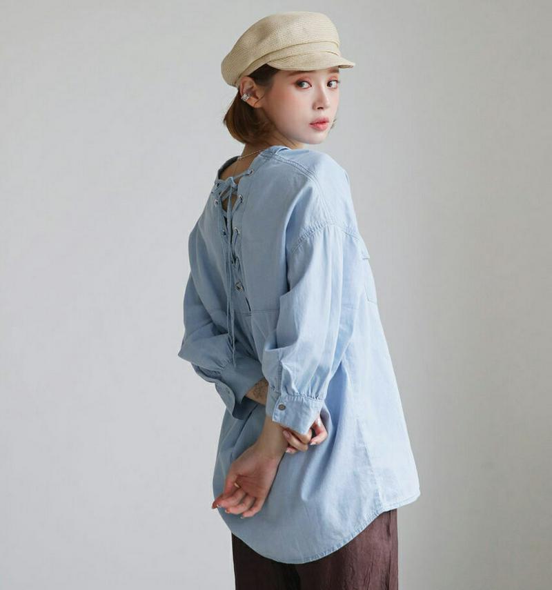 【新作10%OFF】バックレースアップデニムシャツ・全2色・b47861 レディース【bl】【韓国 ファッション トップス シャ