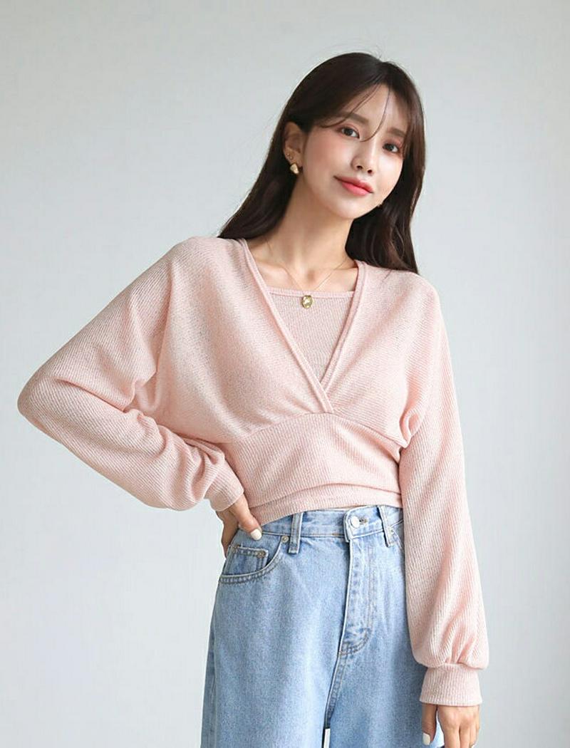 【新作10%OFF】キャミ&リボンVネックTシャツSET・全4色・t47859 レディース【tops】【韓国 ファッション トッ
