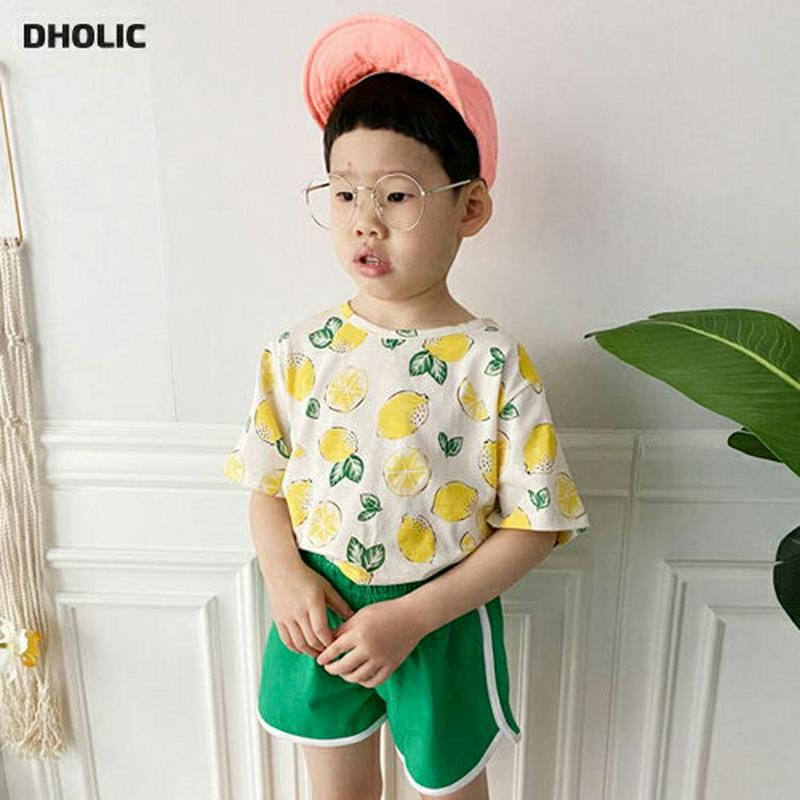レモンパターン半袖Tシャツ・p003187 キッズ【3~8才】【tops】【トップス Tシャツ 半袖 ハーフスリーブ ラウンドネック カジュアル パターン レモン 柄 夏 女の子 男の子 韓国 韓国子供服 子供 こども 子供服 こども服】【KIDS】