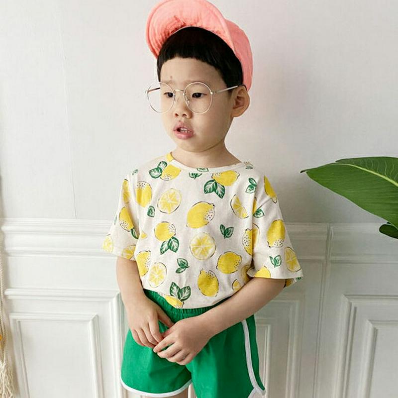 レモンパターン半袖Tシャツ・p003187 キッズ【3~8才】【tops】【トップス Tシャツ 半袖 ハーフスリーブ ラウンドネック カジュアル パターン レモン 柄 夏 女の子 男の子 韓国 韓国子供服 子供 こども 子供服 こども服】【KIDS】
