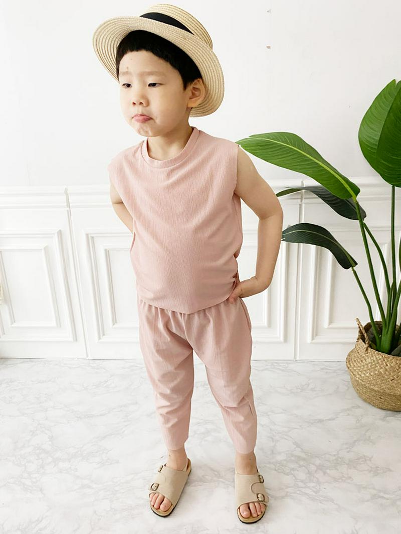 プリーツスリーブレス&パンツSET・p004629 キッズ【3~8才】【set】【セットアップ セット setup スリーブレス ノースリーブ ラウンドネック ロングパンツ 七分丈 シンプル 単色 夏 女の子 男の子 韓国 韓国子供服 子供 こども 子供服 こども服】【KIDS】