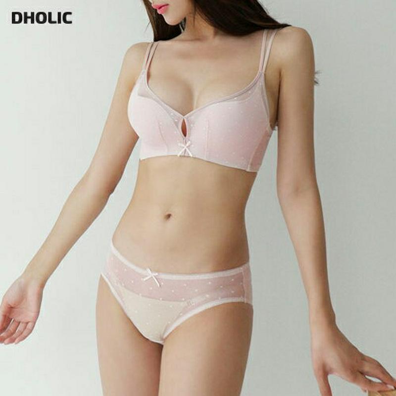 【只今90%OFF】ドットシアーレースブラ&ショーツSET・全4色・e44130 レディース【uw】【韓国 ファッション アンダーウェア ランジェリー 下着 ショーツ パンツ ブラジャー ブラ 上下セット ドット柄 レース シアー 透け感 シースルー リボン 大人 夏】